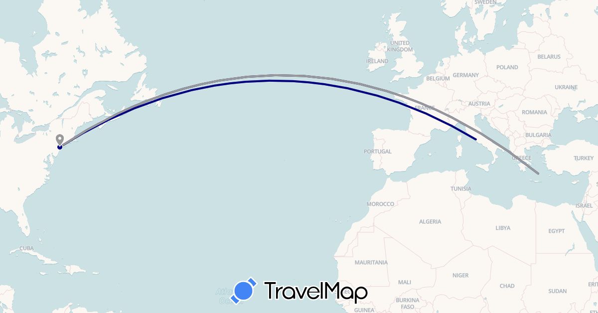 TravelMap itinerary: driving, plane in Greece, Italy, United States (Europe, North America)